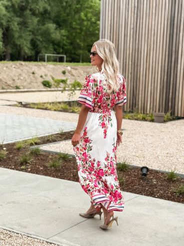 Robe longue à fleurs Aélisa - Blanc/Rose
