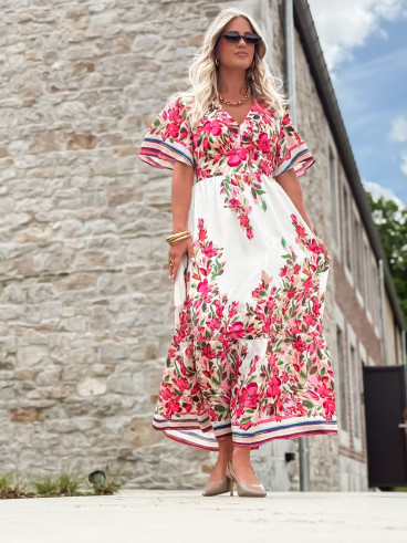 Robe longue à fleurs Aélisa - Blanc/Rose