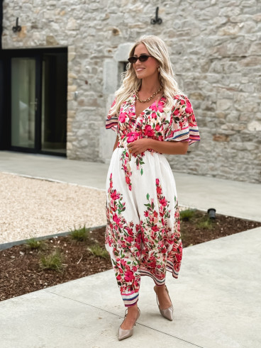 Robe longue à fleurs Aélisa - Blanc/Rose