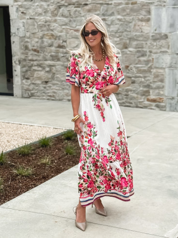 Robe longue à fleurs Aélisa - Blanc/Rose