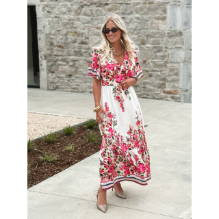 Robe longue à fleurs Aélisa - Blanc/Rose