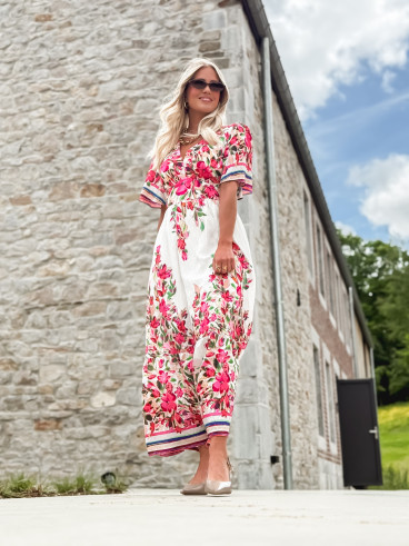 Robe longue à fleurs Aélisa - Blanc/Rose