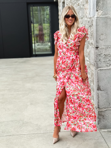 Robe longue à fleurs Azylis - Rouge/Fuchsia