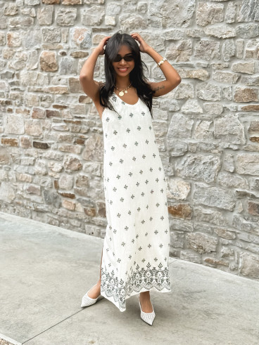 Robe longue à motifs Léore - Ecru/Noir