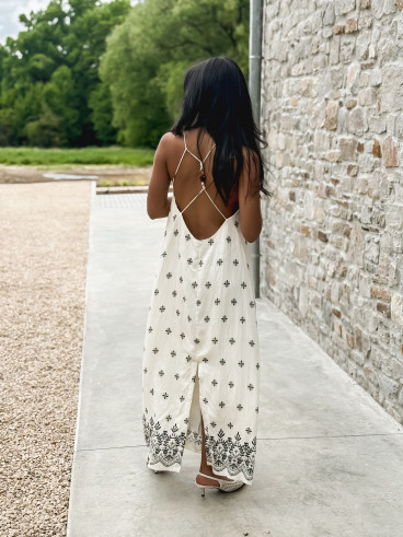 Robe longue à motifs Léore - Ecru/Noir