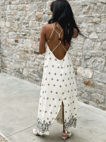 Robe longue à motifs Léore - Ecru/Noir