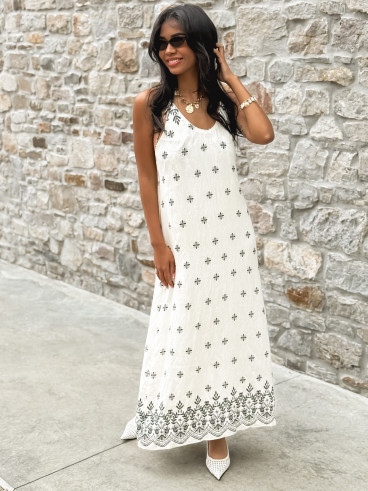 Robe longue à motifs Léore - Ecru/Noir
