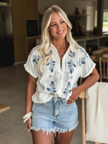 Chemise à motifs Judithe - Blanc/Bleu
