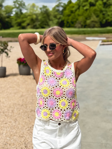 Blouse en crochet Mika - Ecru/Multicolore