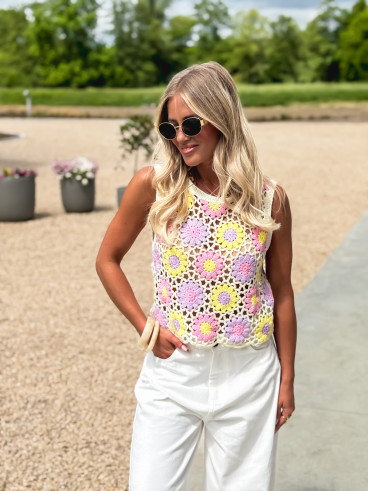 Blouse en crochet Mika - Ecru/Multicolore