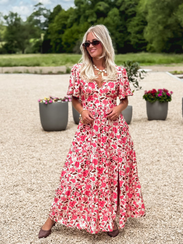 Robe longue à motifs Eloya - Ecru/Fuchsia