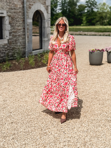 Robe longue à motifs Eloya - Ecru/Fuchsia