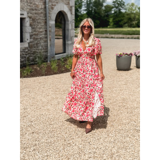 Robe longue à motifs Eloya - Ecru/Fuchsia