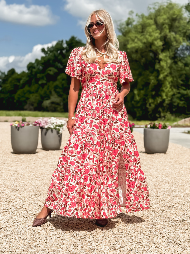 Robe longue à motifs Eloya - Ecru/Fuchsia