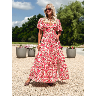 Robe longue à motifs Eloya - Ecru/Fuchsia
