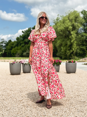 Robe longue à motifs Eloya - Ecru/Fuchsia
