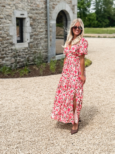 Robe longue à motifs Eloya - Ecru/Fuchsia