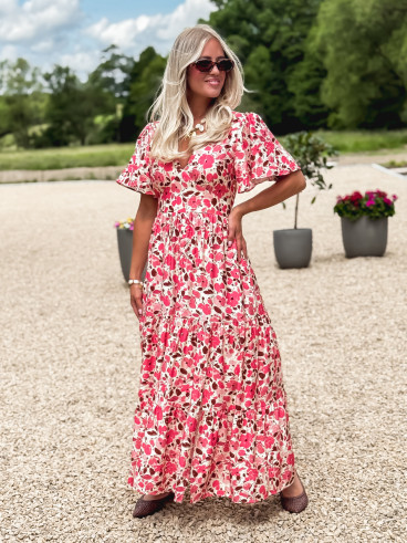 Robe longue à motifs Eloya - Ecru/Fuchsia