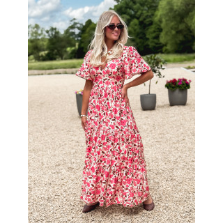 Robe longue à motifs Eloya - Ecru/Fuchsia
