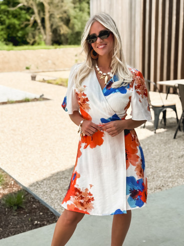 Robe courte à motifs Mariem - Ecru/Corail