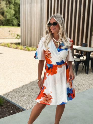 Robe courte à motifs Mariem - Ecru/Corail