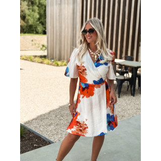 Robe courte à motifs Mariem - Ecru/Corail