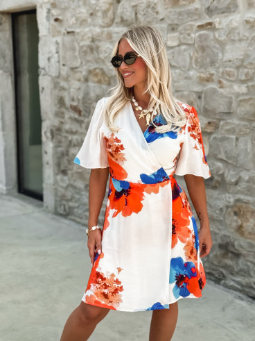 Robe courte à motifs Mariem - Ecru/Corail