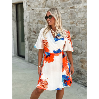 Robe courte à motifs Mariem - Ecru/Corail
