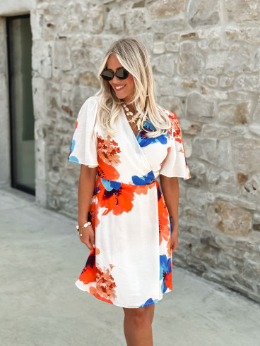 Robe courte à motifs Mariem - Ecru/Corail