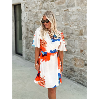 Robe courte à motifs Mariem - Ecru/Corail