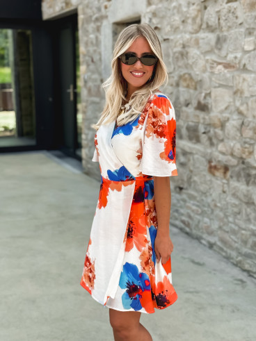 Robe courte à motifs Mariem - Ecru/Corail