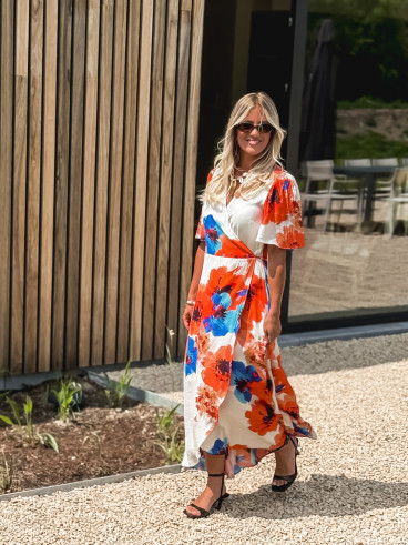 Robe longue à motifs Mariem - Ecru/Corail