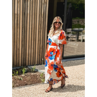 Robe longue à motifs Mariem - Ecru/Corail
