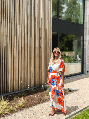 Robe longue à motifs Mariem - Ecru/Corail