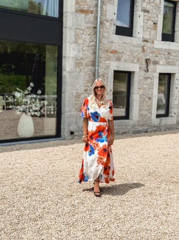 Robe longue à motifs Mariem - Ecru/Corail