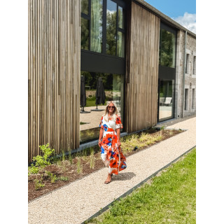 Robe longue à motifs Mariem - Ecru/Corail