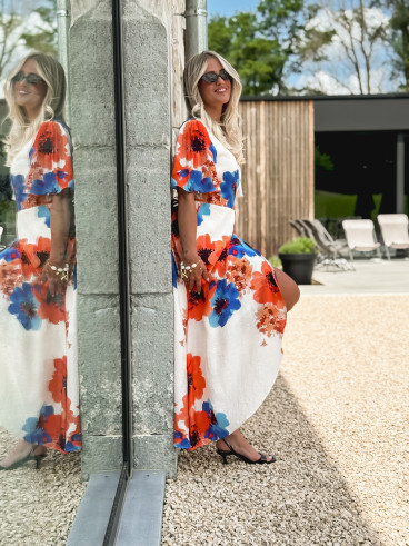 Robe longue à motifs Mariem - Ecru/Corail