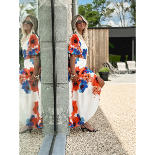 Robe longue à motifs Mariem - Ecru/Corail
