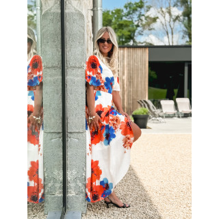 Robe longue à motifs Mariem - Ecru/Corail