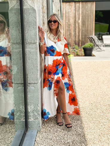 Robe longue à motifs Mariem - Ecru/Corail