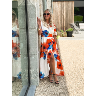 Robe longue à motifs Mariem - Ecru/Corail