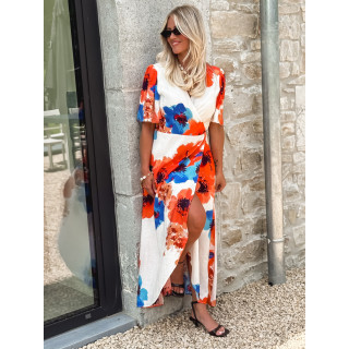 Robe longue à motifs Mariem - Ecru/Corail