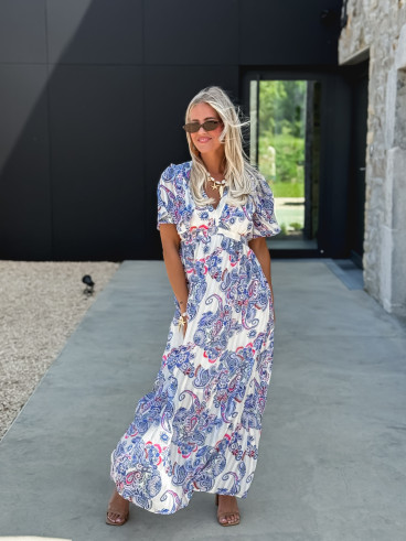 Robe longue à motifs Abéline - Bleu/Blanc
