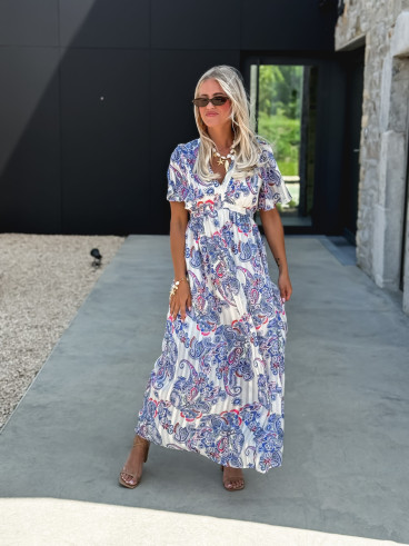 Robe longue à motifs Abéline - Bleu/Blanc