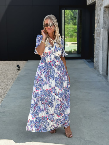 Robe longue à motifs Abéline - Bleu/Blanc