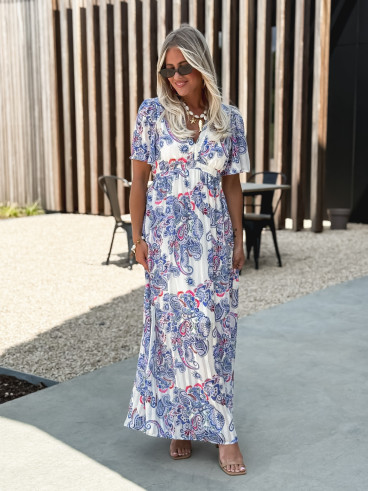 Robe longue à motifs Abéline - Bleu/Blanc