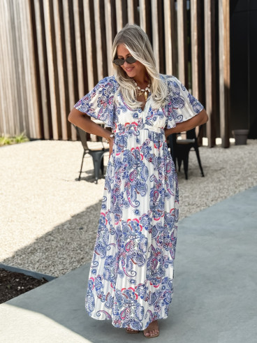 Robe longue à motifs Abéline - Bleu/Blanc