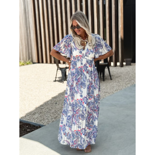 Robe longue à motifs Abéline - Bleu/Blanc