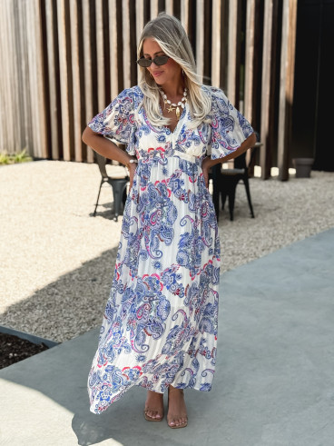 Robe longue à motifs Abéline - Bleu/Blanc