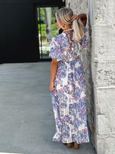 Robe longue à motifs Abéline - Bleu/Blanc